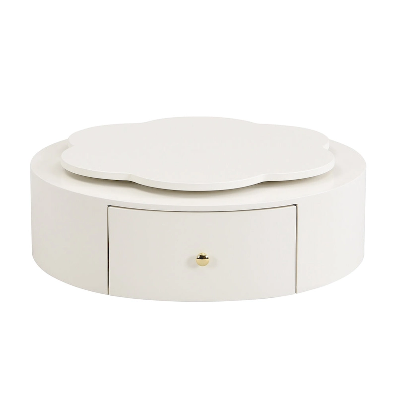 Modern Round Coffee Table Set of 2, 360-Degree Rotatable Flower-shaped Top with 2 Drawers, Top Circle Side Table with Glass