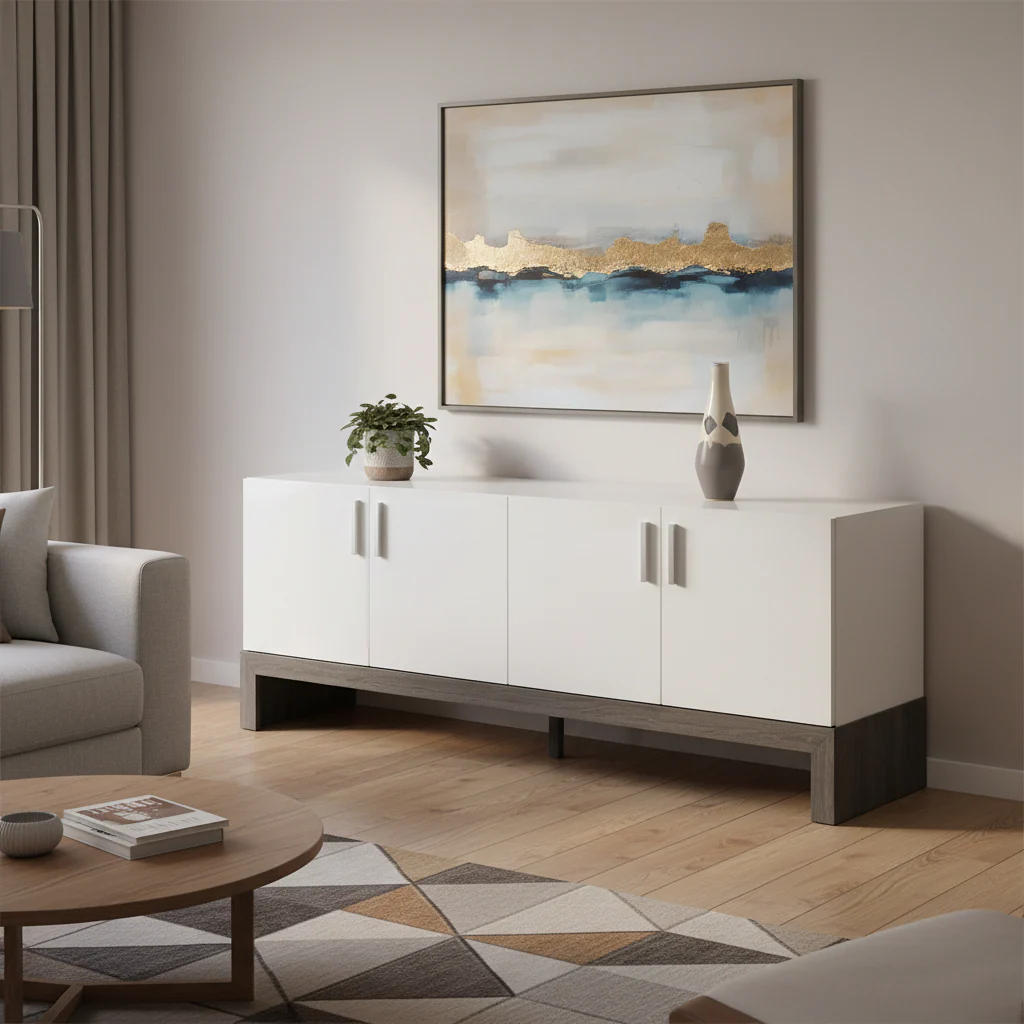 White and Gray 60 in TV Entertainment Console with 4-Door Cabinet and Metal Bar Handles