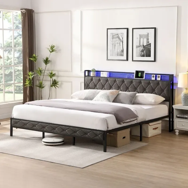 King Bed Frame with Storage Headboard, Charging Station and LED Lights, Upholstered Platform Bed