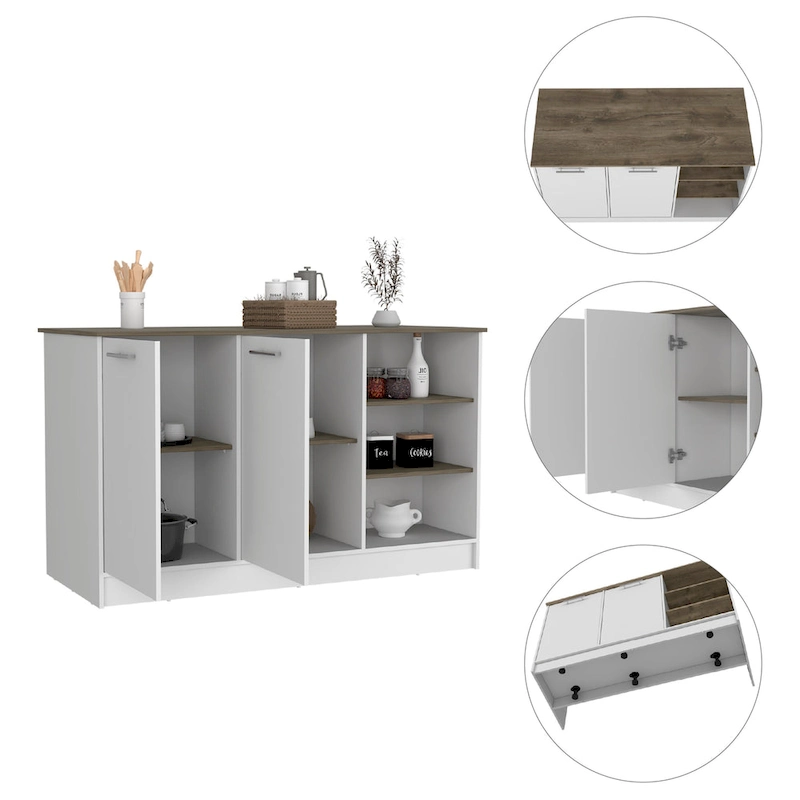 FM Furniture Gladiolus Kitchen Island, Two Cabinets, Three Open Shelves