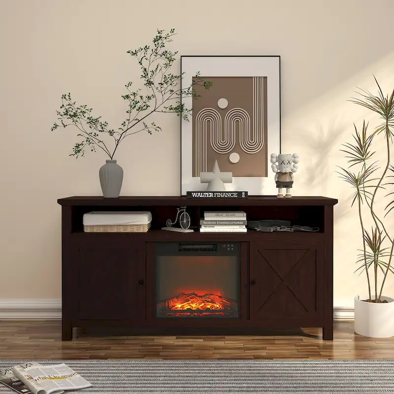 Clihome 58  Wood Fireplace TV Stand with 18  Electric Fireplace