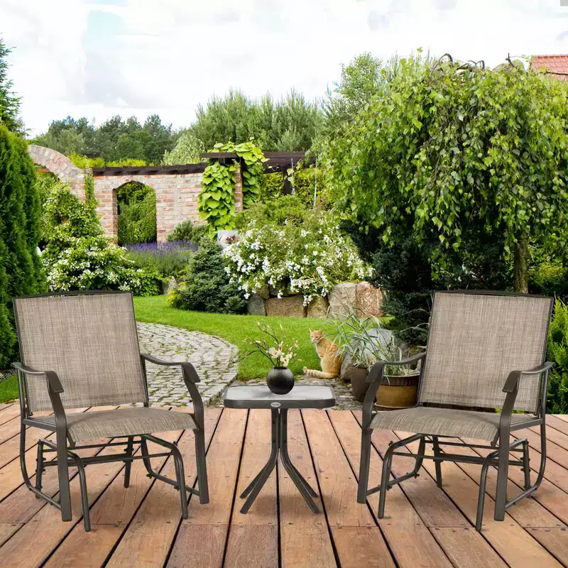 Outsunny 3 Pcs Outdoor Gliders Set Bistro Set with Glass Top Table for Patio, Garden, Backyard, Lawn