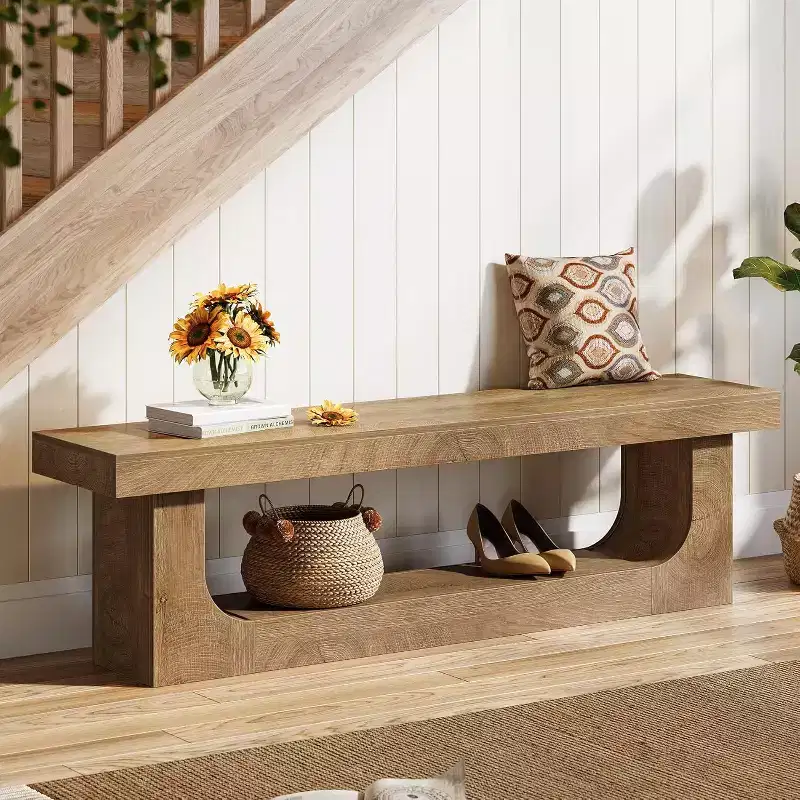 Lantine 63-Inch Long Entryway Bench with Shoe Storage, Large 2-Tier Hallway Foyer Shoe Bench with Open Shelf for Entrance, Bedroom
