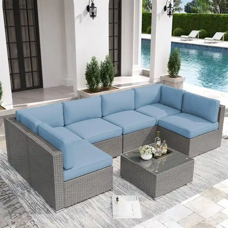 7 Piece Outdoor Patio Furniture Set Grey/Black Wicker Conversation Sectional Sofa Set with Coffee Table and Cushions