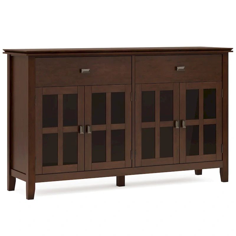 Russet Brown / Dark Chestnut Brown / Black Solid Pine Wood 4-Door Sideboard Buffet with Glass Panels – Single Unit