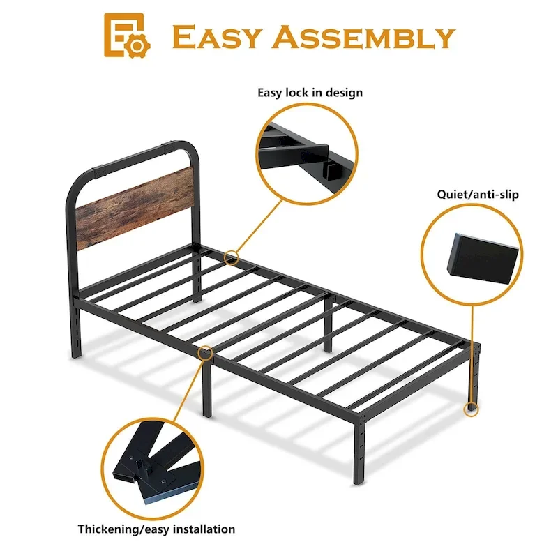 Heavy Duty Anti-Sway 40 Inch Iron Bed With Solid Wood Headboard