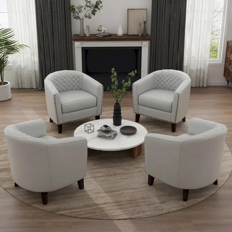 Modern Faux Leather Barrel Accent Chair with Wood Legs