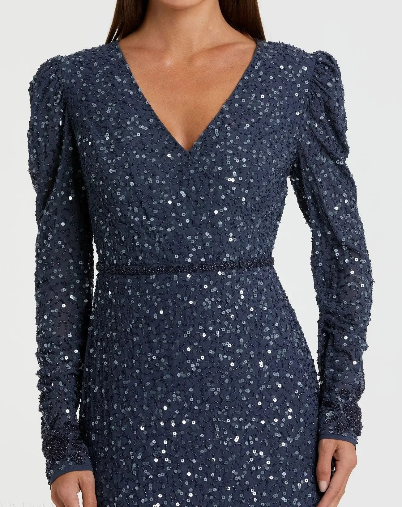 Blue Sequin Dress with Embellished Hemline and Belt