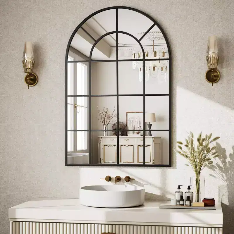 BEAUTYPEAK 36 x 24 Arched Windowpane Mirror Decor Wall Mirror, Black