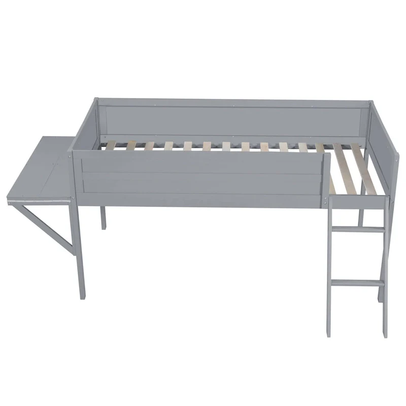 Low Loft Bed with Integrated Desk and LED Lights, Wood Gaming Loft Bed Frame with Angled Ladder, for Kids Girls Boys