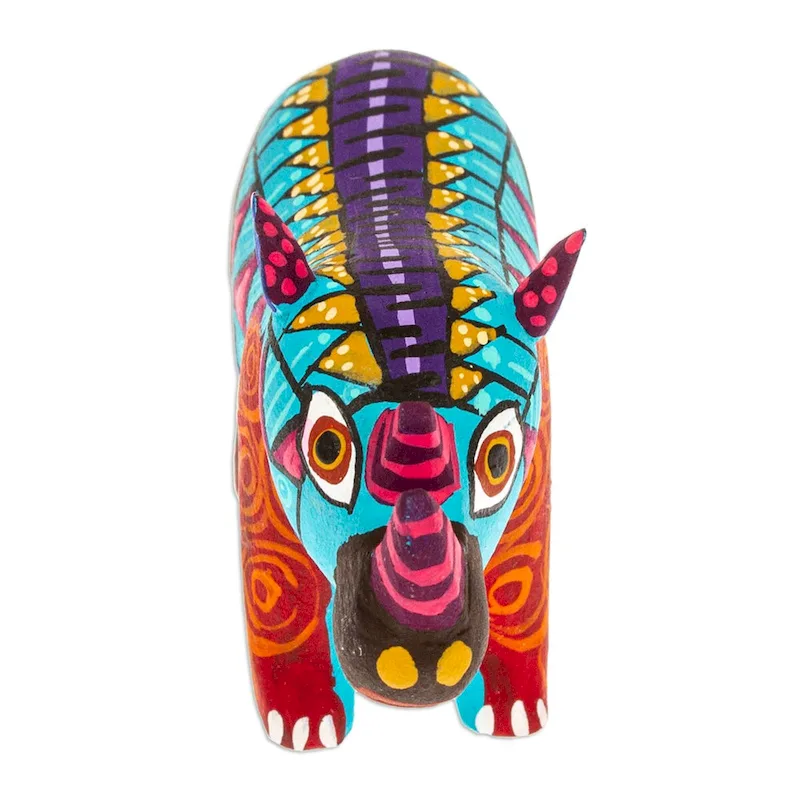 Novica Handmade Aquamarine Rhino Wood Alebrije Figurine