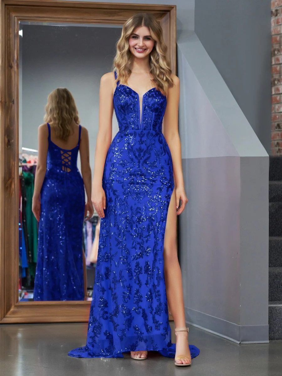 Sparkly Blue Mermaid Sequins Long Prom Dress with Slit