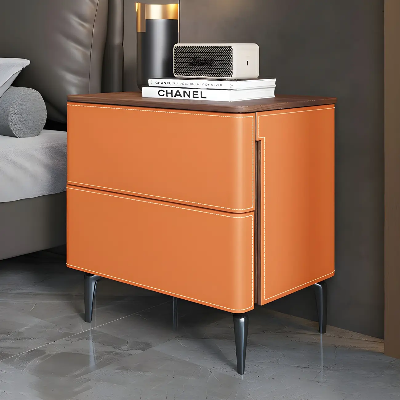 Modern Faux Leather Wood Top Drawers Nightstand