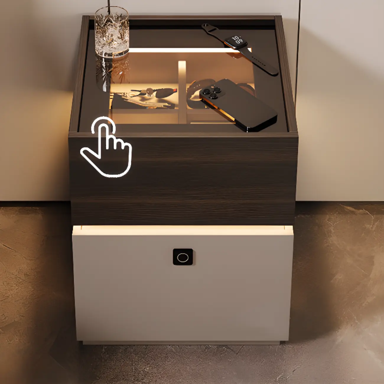 Narrow Black Glass Top 2-Drawer Wood Nightstand with Light