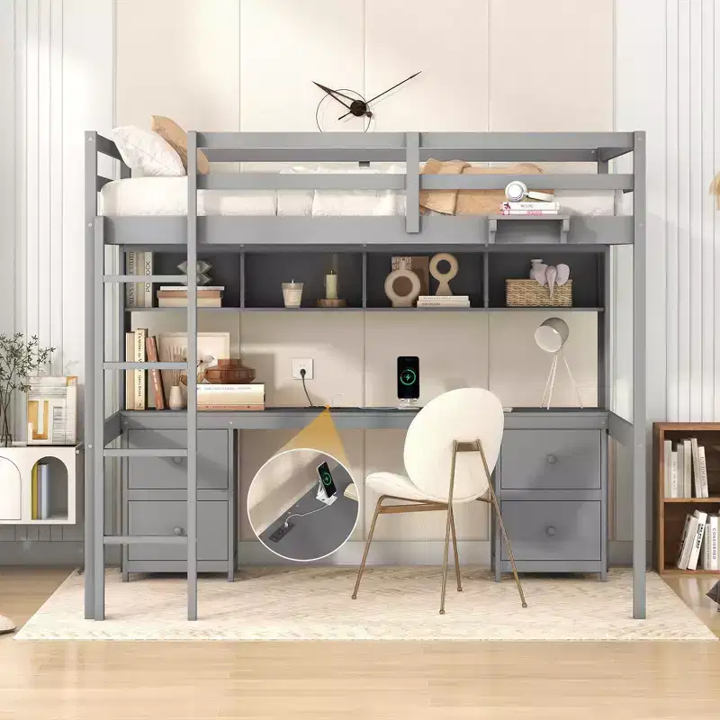 Okak Full Size Loft Bed with Desk & Storage,Wooden Bunk Beds with Charging Station & Cabinets,Multi-Functional Loft Bed for Kids,Teens