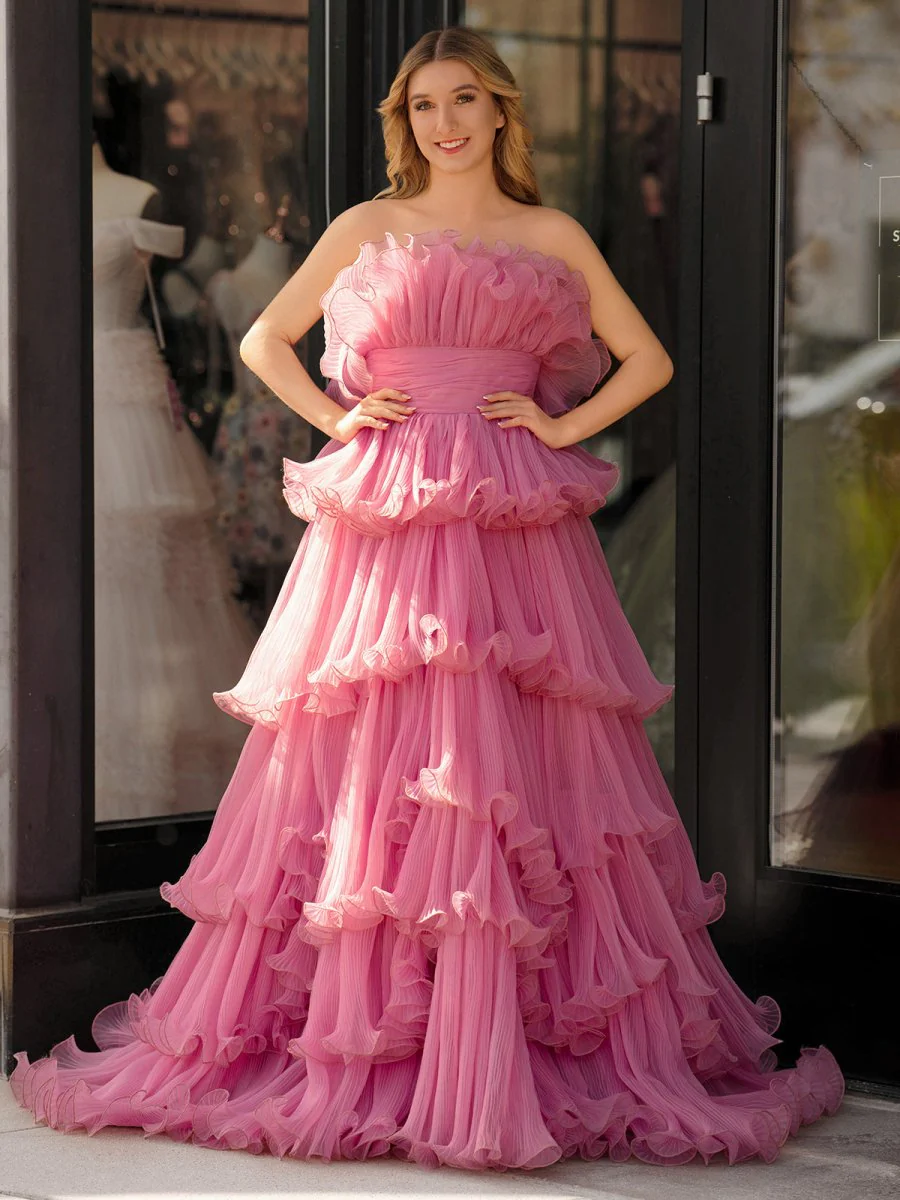 Pink Strapless A-Line Tiered Crinkled Tulle Prom Dress