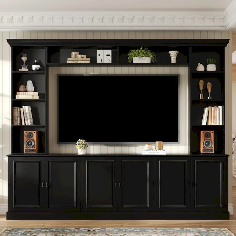 97.4W Mid-Century TV Stand with Bookshelves, Adjustable Shelf & Bridge - Entertainment Center for TVs Up to 70