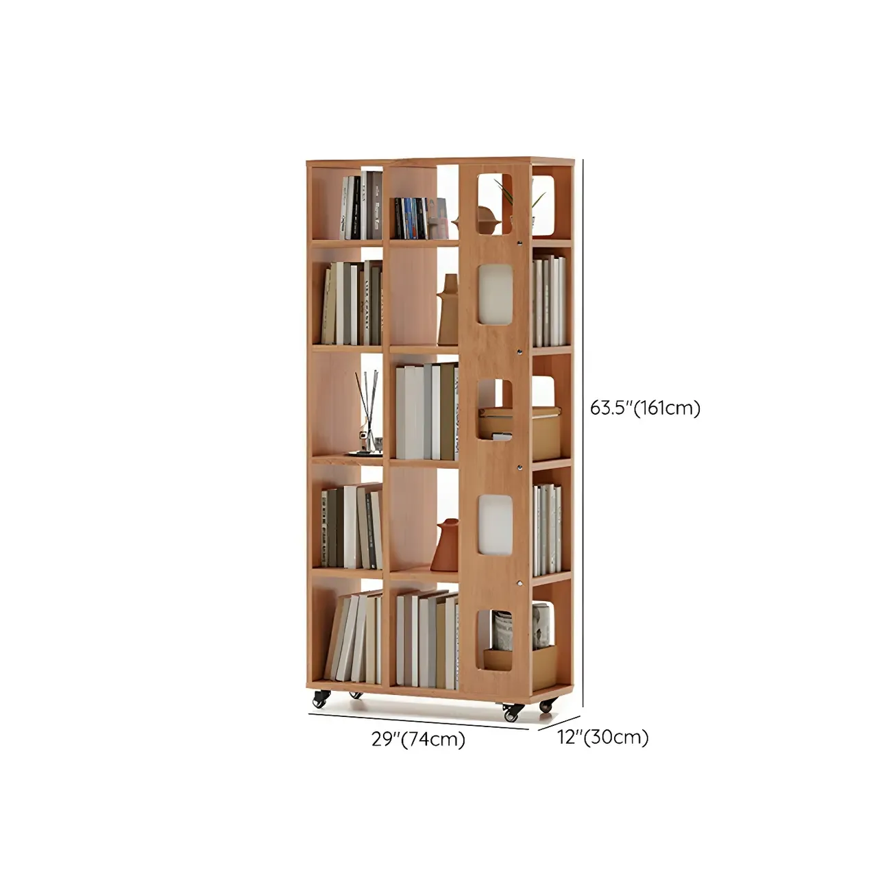 Mid-Century Nut-Brown Wood 5-Tier Bookcase on Wheels