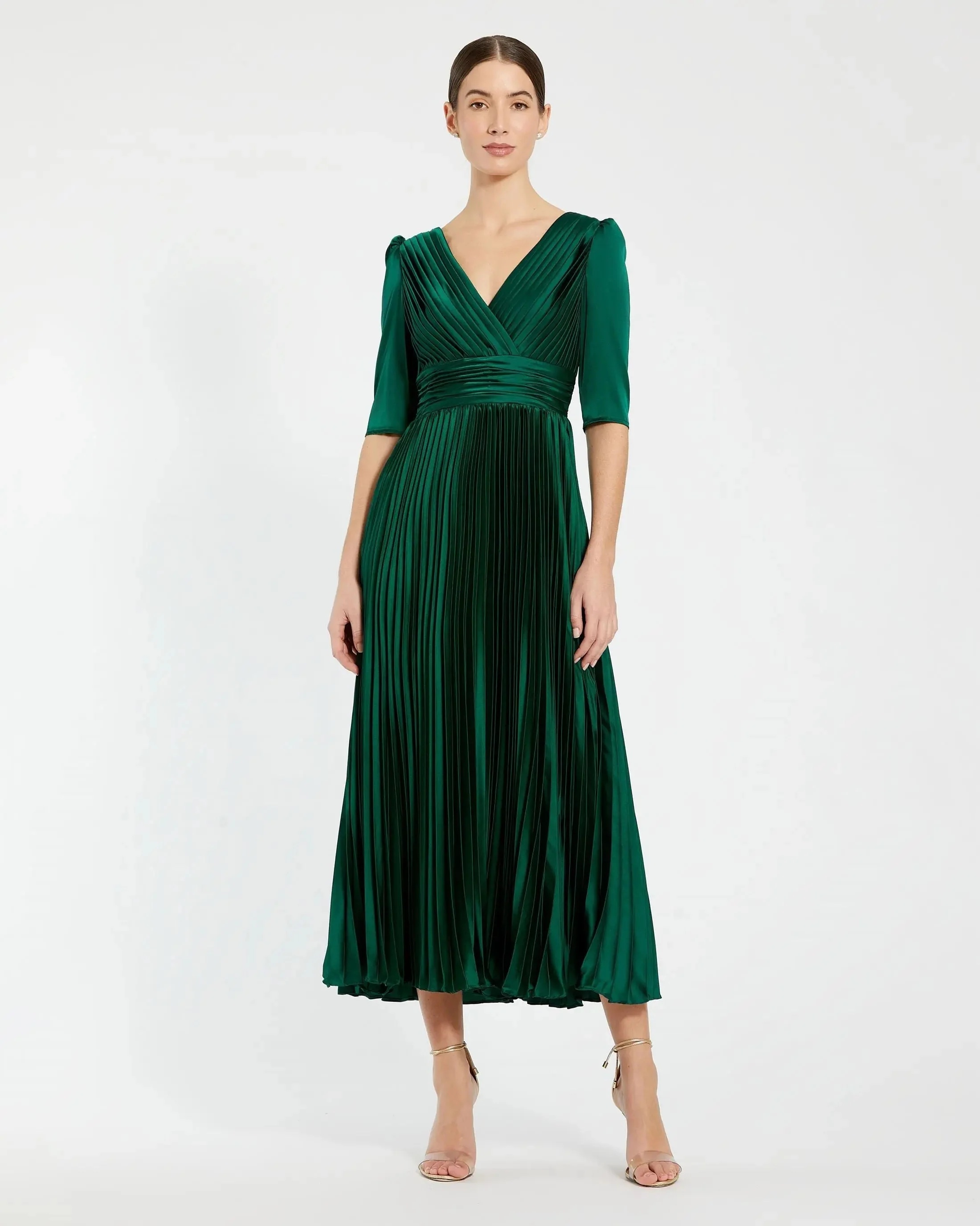 Green Quarter Sleeve V Neck Heat Pleated Dress