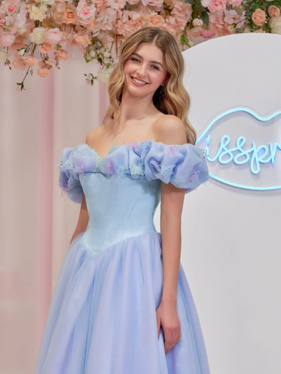 Cinderella Sky Blue Tulle Off the Shoulder With Crystals & Butterflies Ball Gown