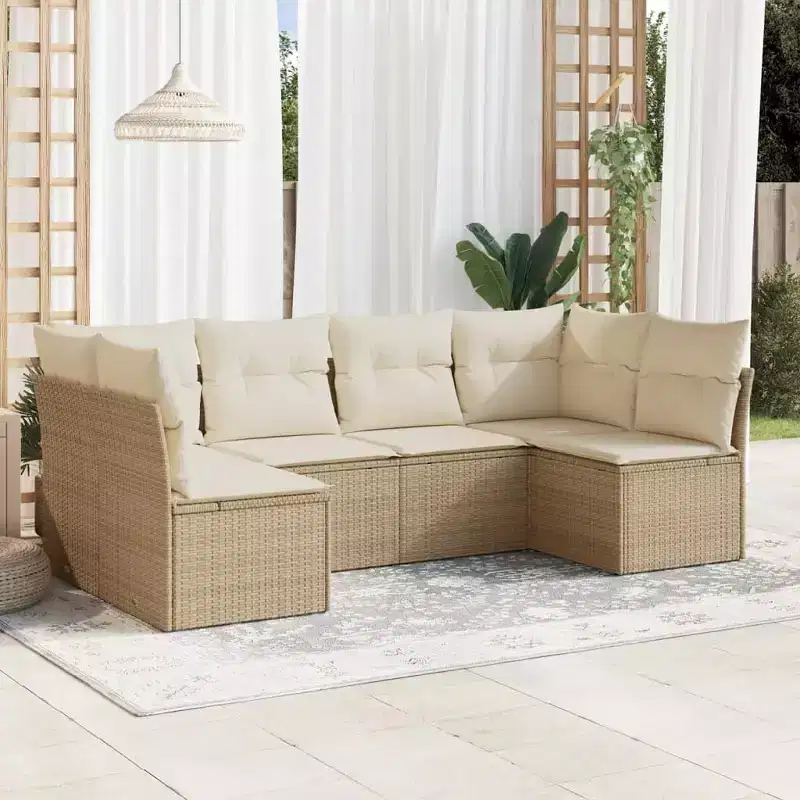vidaXL 7 Piece Patio Sofa Set with Cushions Poly Rattan - With Table Black and Cream