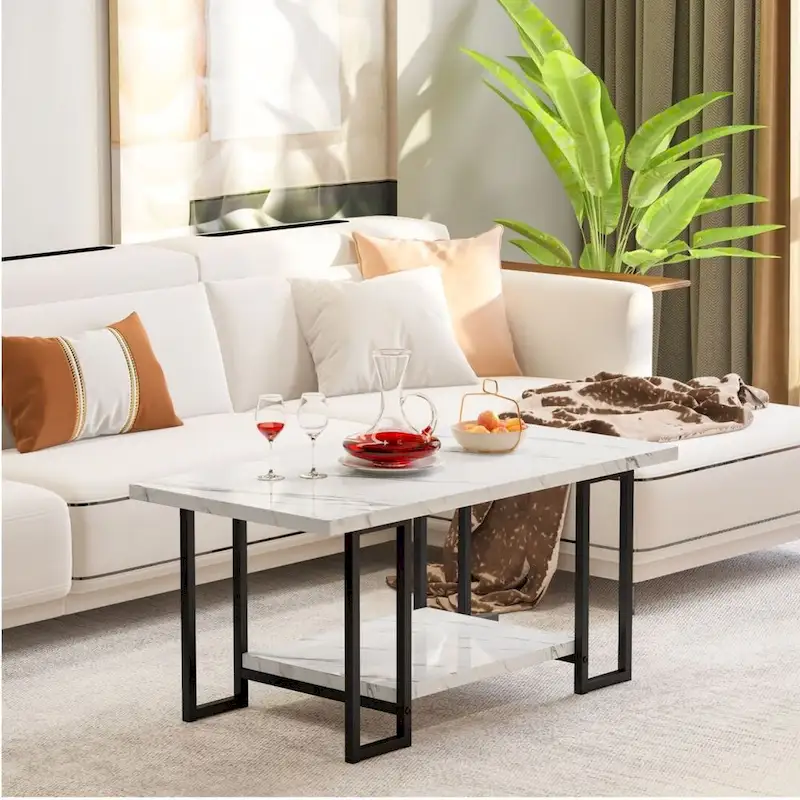 Mieres 39  Wide 2-Tier Faux Marble Top Coffee Table with Steel Frame