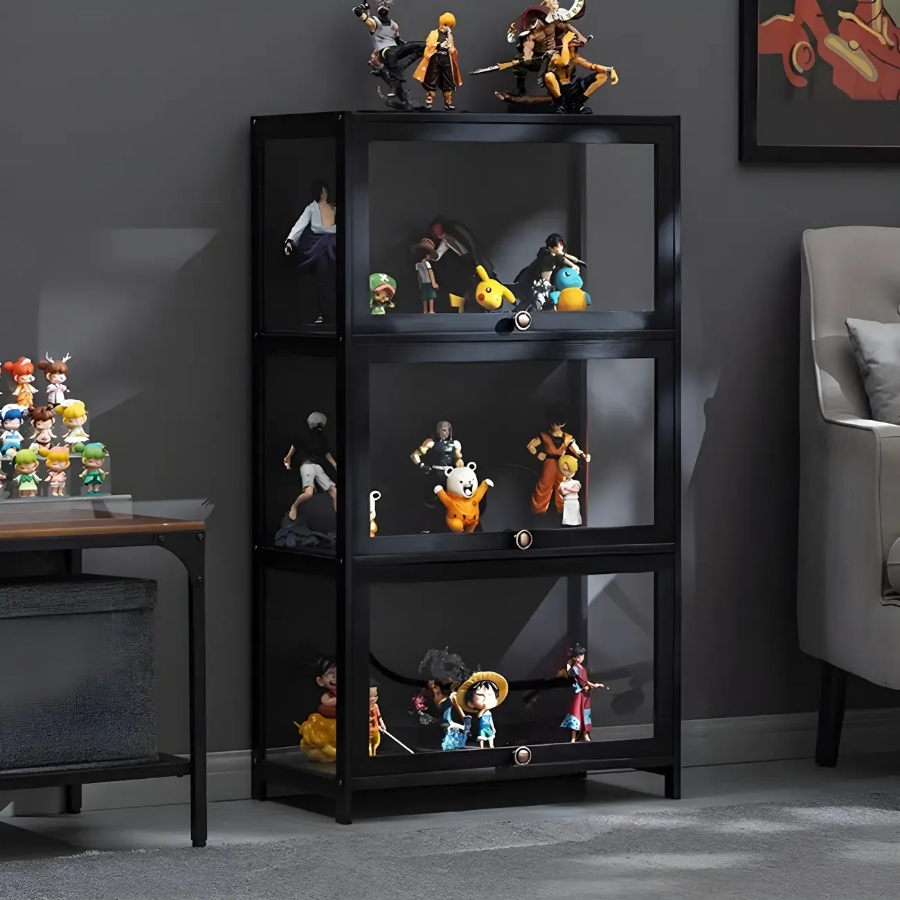 Elegant Black Bamboo Clear Figure Display Cabinet