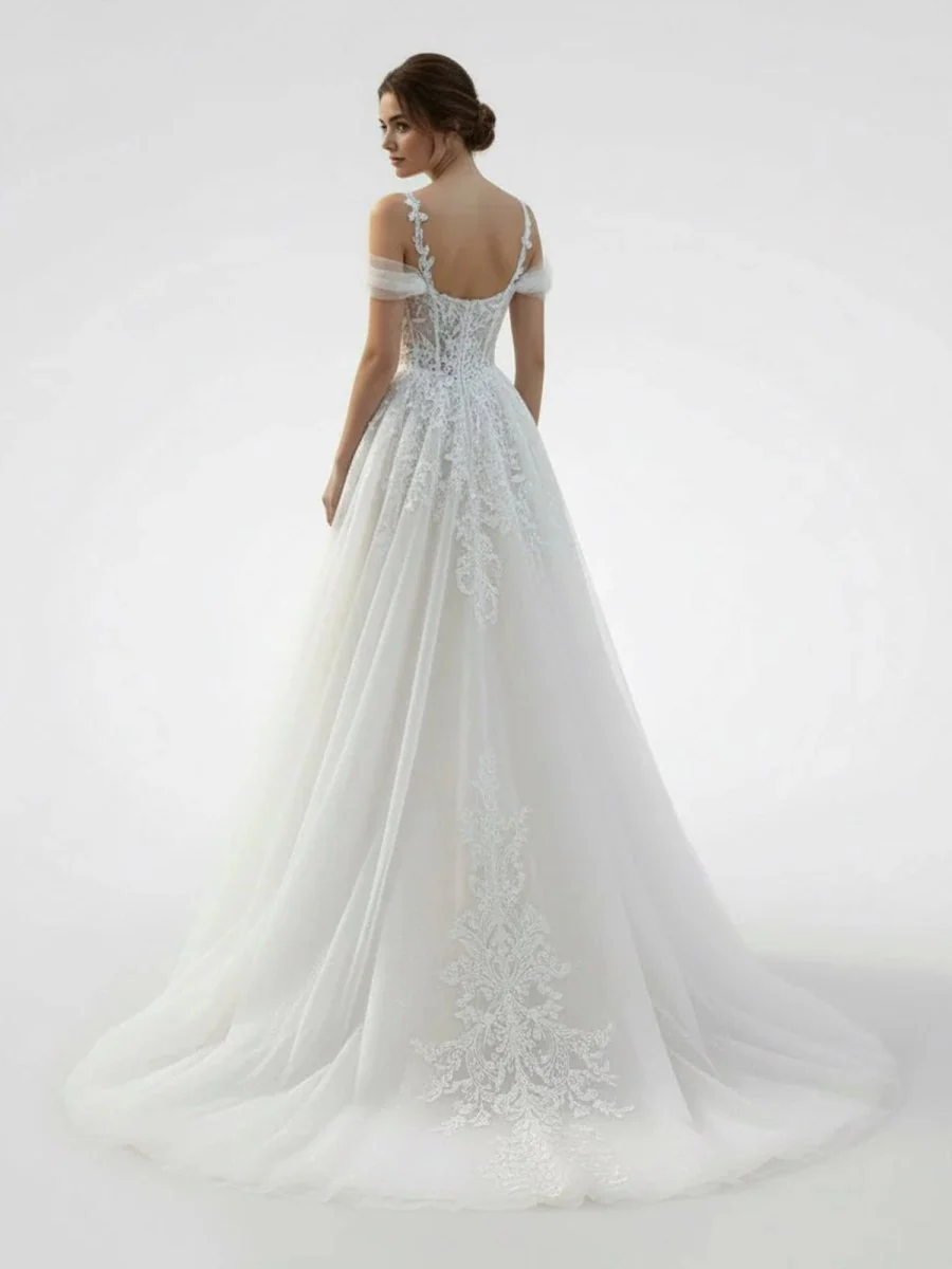 A-Line Off-The-Shoulder Tulle Wedding Dresses With Appliques Lace