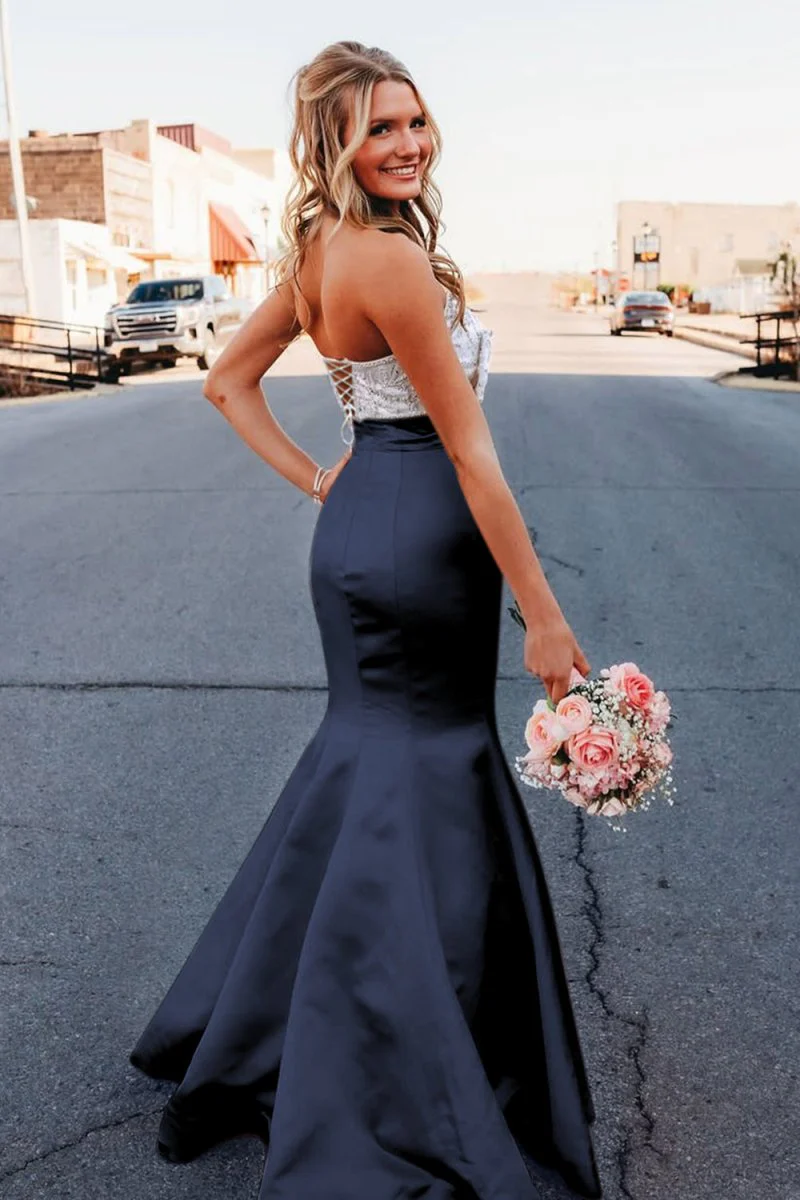 Pink Mermaid Satin Strapless Long Prom Dresses with Beaded Bow