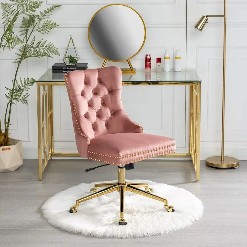 Beige / Black / Pink / Grey Velvet Tufted Button Swivel Office Chair with Gold Metal Base & Adjustable Height – 1-Person