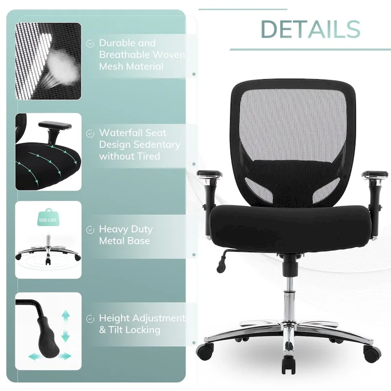 Big and Tall Heavy Duty Ergonomic Mesh Office Chair 500lbs with Wide Thick Seat