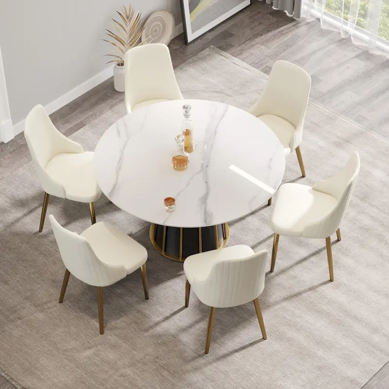 53 White Sintered Stone Round Dining Table with Lazy Susan - N/A
