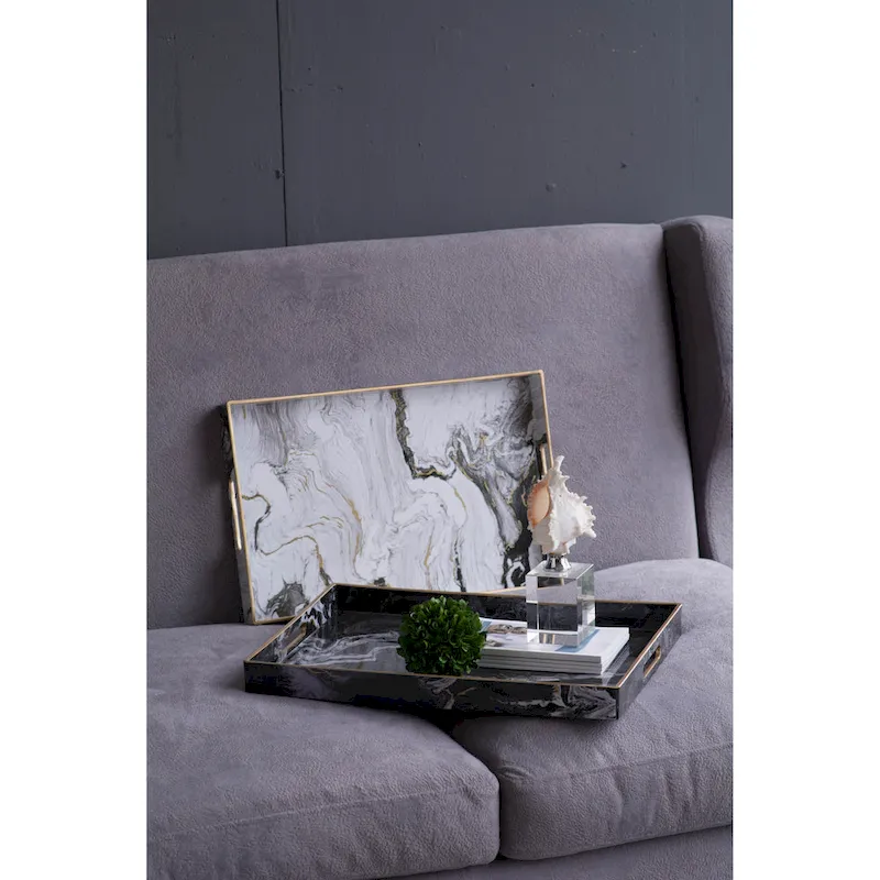 A&B Home Quinn Black and White Marble Rectangular Trays