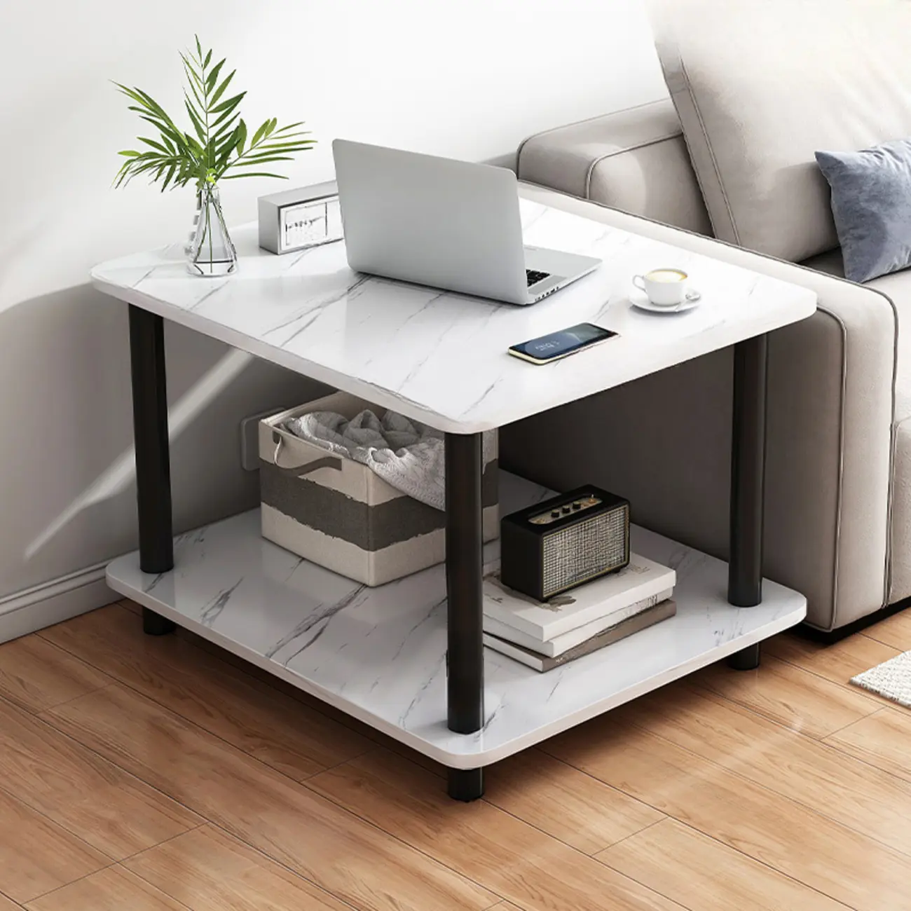 Square White Wood Side Table with Shelf