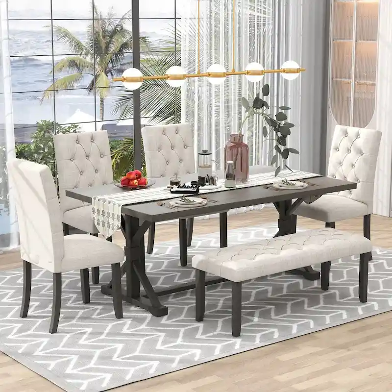 6-Piece Farmhouse Dining Table Set with 72-Inch Rectangular Wood Table – Grey/Espresso/Walnut