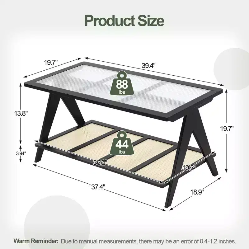 Bekrvio 39.4 2-Tier Boho Rattan Coffee Table w/ Ribbed Glass Top, Bamboo Frame & Imitation Rattan Shelf,Modern Rectangle Center Table for Living Room