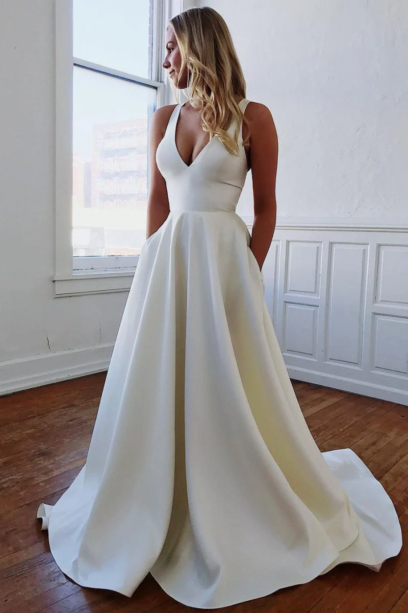 A-Line V-Neck White Long Wedding Dress with Bow-Knot