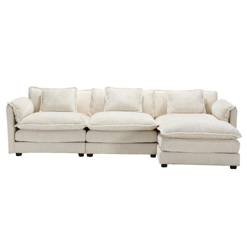 Beige 112.2  L-Shape 4-Seater Sectional Sofa in Modern Boucle Fabric with Removable Cushions and Detachable Armrests