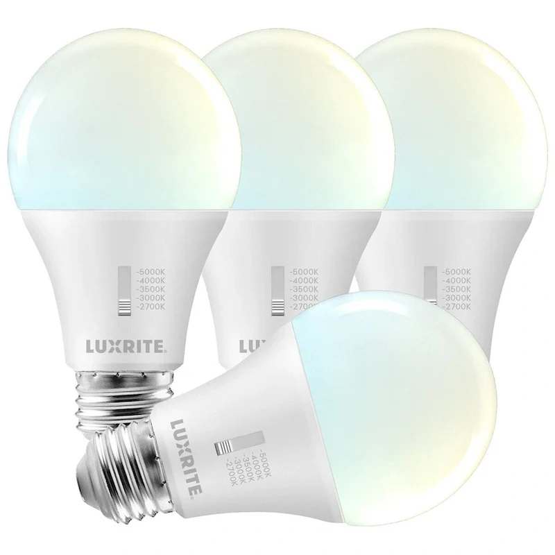 Luxrite A19 LED Light Bulb 75 Watt Equivalent CRI90 5CCT Dimmable 1100LM 11W E26 ETL 4 Pack