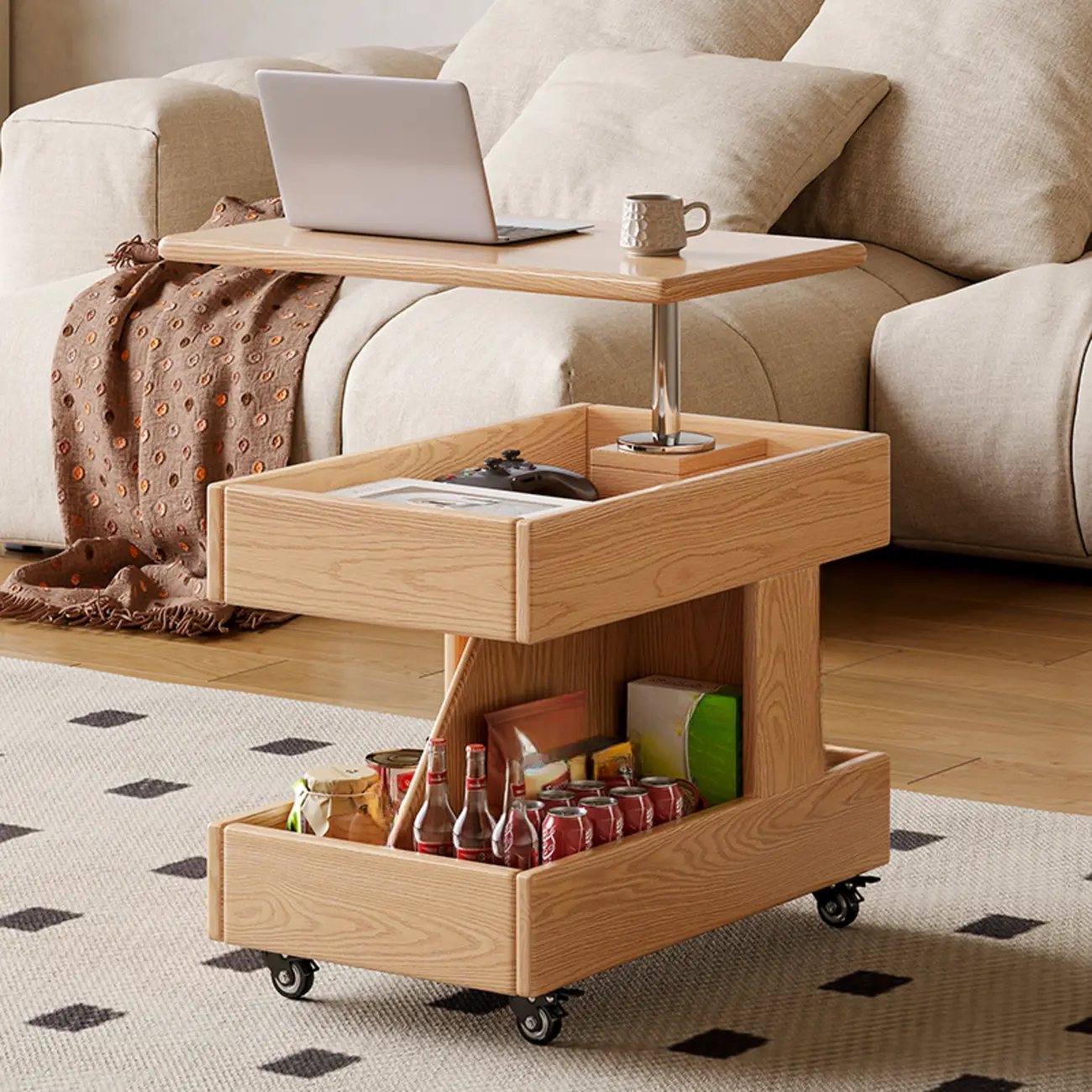 Adjustable 3-Tier Natural Wood Mobile Sofa Side Table