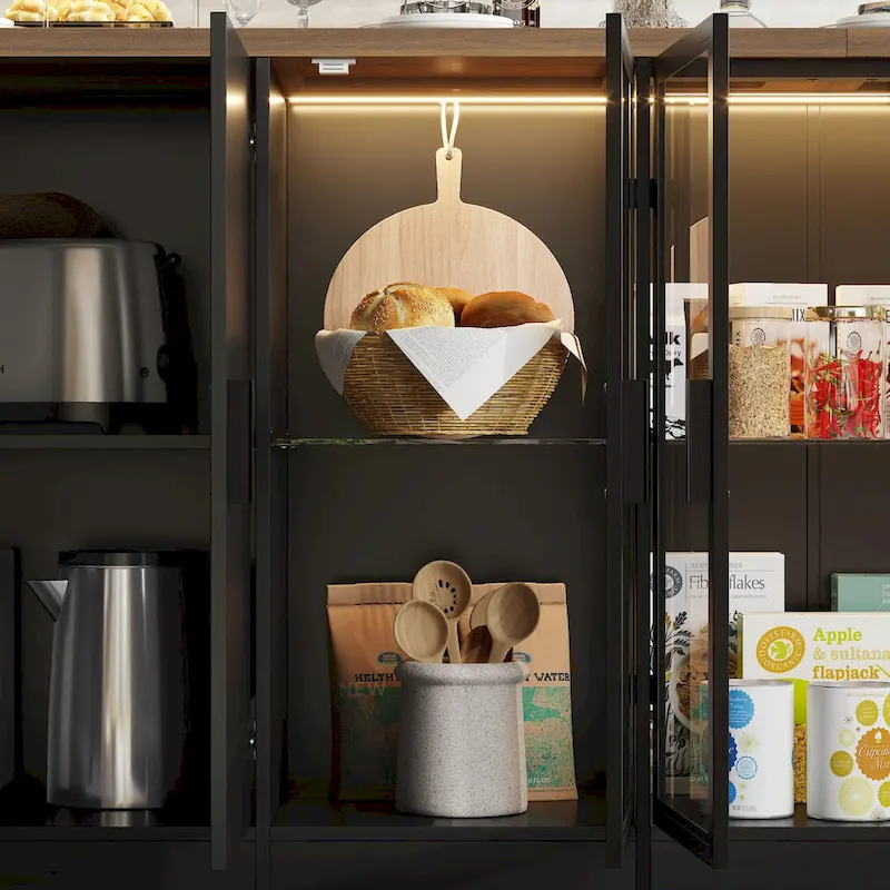 Kitchen Island with Drawers & Glass Cabinets, Converts to Office Desk