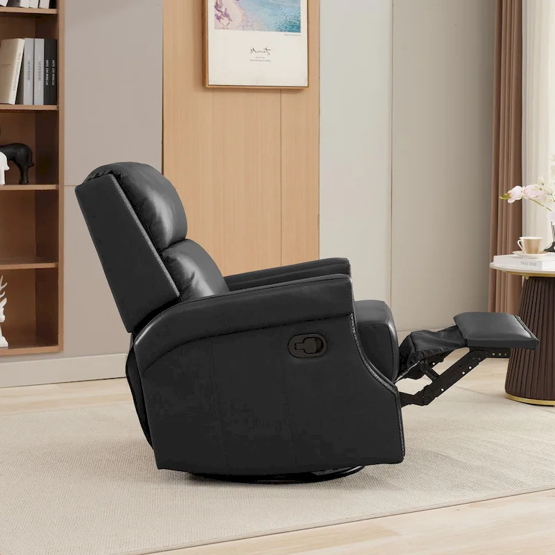 Genuine Leather Manual Rocking Recliner with 360-degree Metal Swivel Base