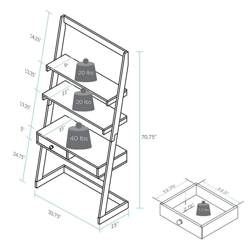 Freestanding Ladder Desk with Drawer with Solid American Hardwood