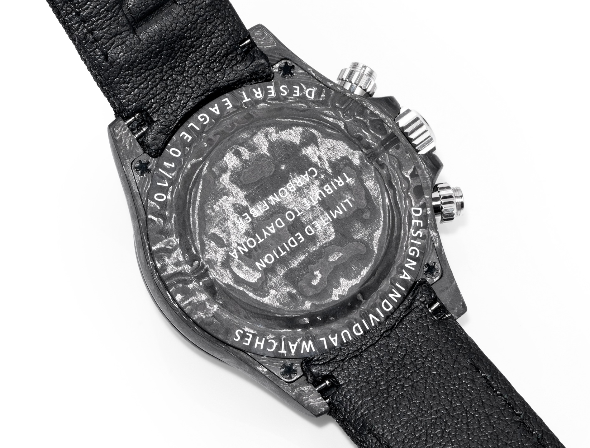 Gehauseboden der Rolex Daytona Replica mit Gravur Desert Eagle und Carbon Fiber