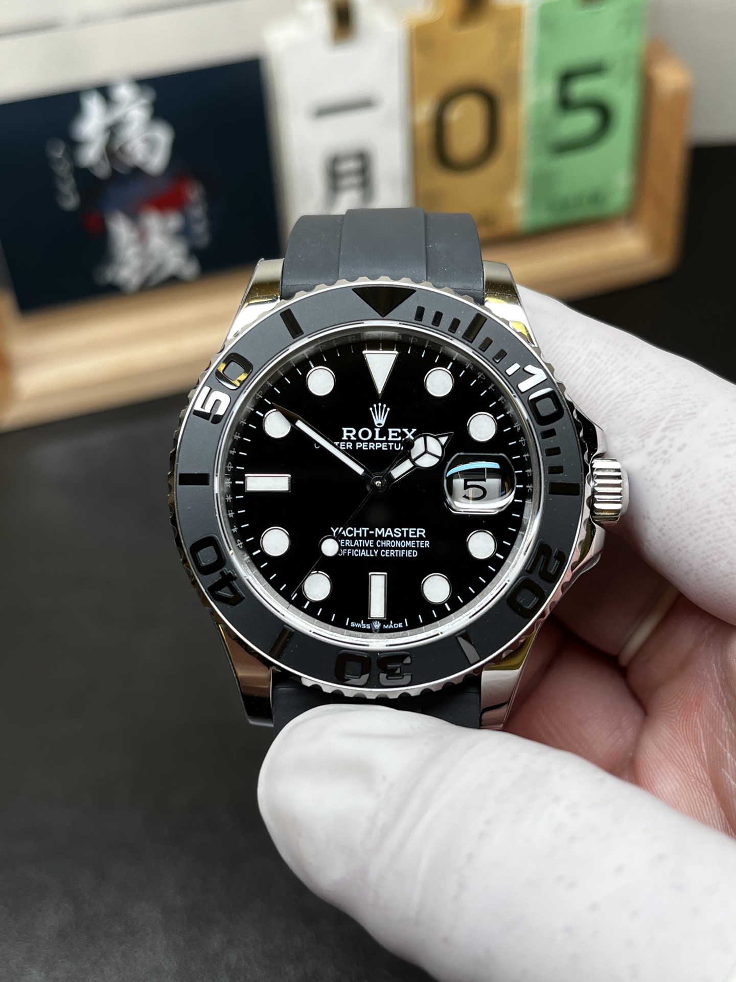 Rolex Yacht-Master replica black dial close-up front view