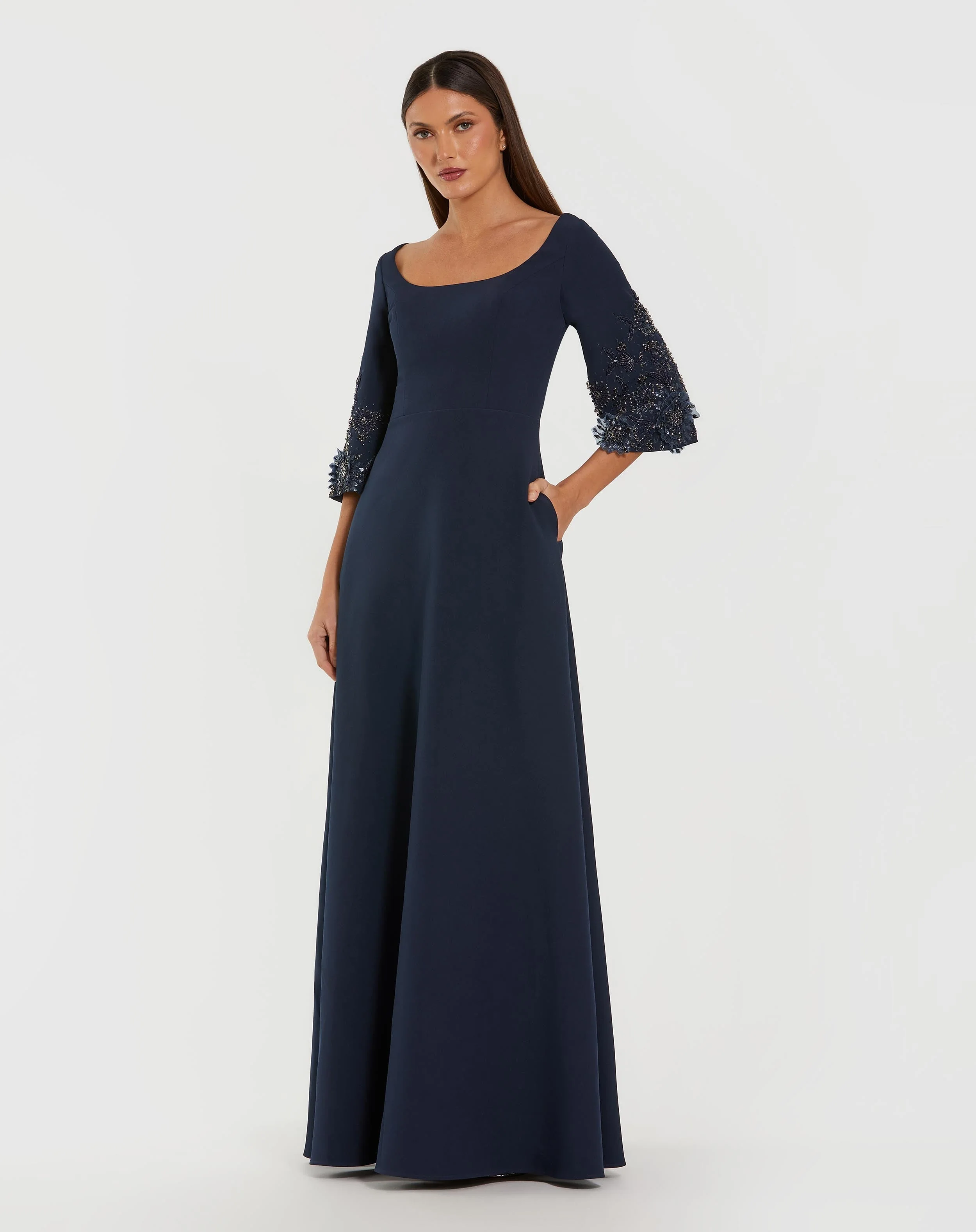 Navy Crepe Gown With Floral Embellished Sleeves