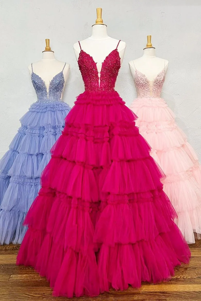 Black Beaded Spaghetti Strap Ruffle Tiered Ball Gown