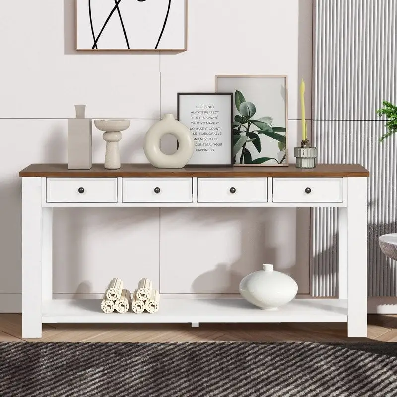 Pine Wood Console Table with 4 Drawers and Bottom Shelf for Entryway Hallway