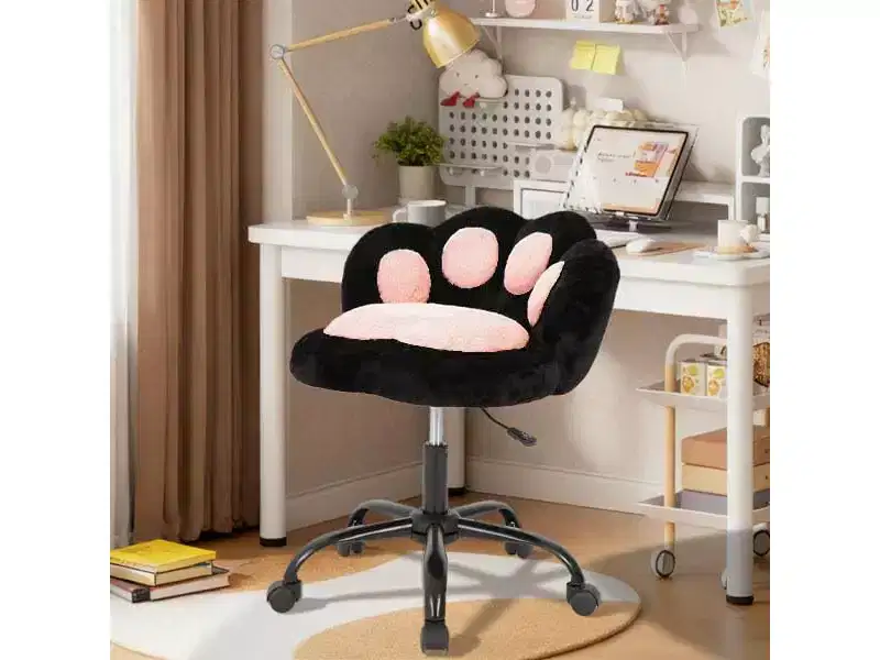 Vanity Chair with Wheels,Cute Cat Paw Office Chair with Back,360Rotating Height Adjustable Armless Chair in Vibrant Color-Blocking,Small Desk Chair