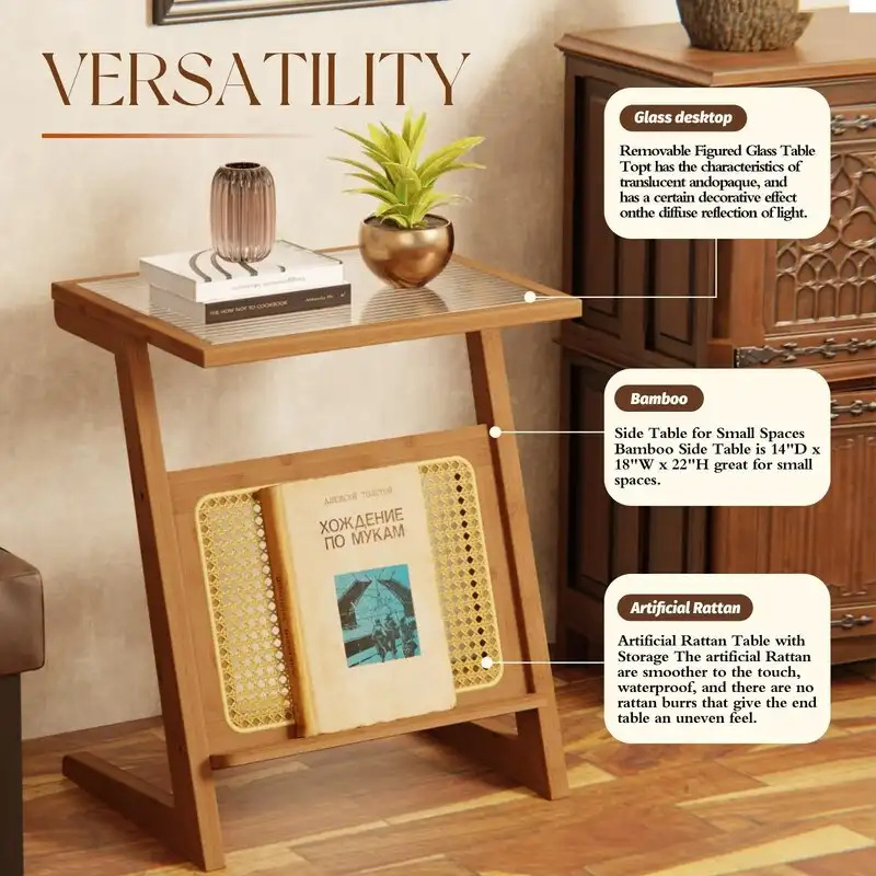 Brown / Natural Z-Shape Bamboo Rattan Side Table – Single